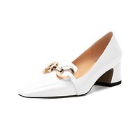 Mettesally Mid Block Heel Pumps for Women Square Toe Loafers Slip On Small Heels Comfort Chic Chain Court Shoes White UK5