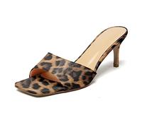Mettesally Women Mid Kitten Heel Mules Slip On Sandals Open Square Toe Slippers Dress Heeled Shoes Leopard UK6