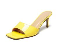 Mettesally Women’s Kitten Heel Mules Open Square Toe Heeled Slippers Slip-on Sandals Comfy Shoes Yellow UK7