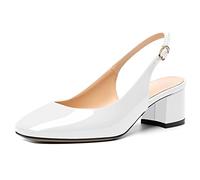 Mettesally Women's Block Heel Pumps, Square Toe Slingback Heels with Adjustable Strap, Low Heeled Court Shoes for Ladies Wedding Party Office Evening White US7.5