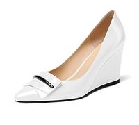 Mettesally Women's Wedge Heel Pumps Pointed Closed Toe Slip-on High Heels Pump Office Court Shoes White UK7