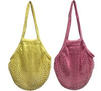 Metyou 2Pcs Portable Reusable Mesh Cotton Net String Bag Organizer Shopping Tote Handbag Fruit Storage Shopper NEW (Beige orange)