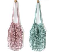 Metyou 2Pcs Portable Reusable Mesh Cotton Net String Bag Organizer Shopping Tote Handbag Fruit Storage Shopper NEW (green,purple)