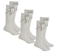 Metzuyan Girls Cotton Rich High Knee Long Socks with Bows Back 2 School Uniform Socks Light Grey 9-12