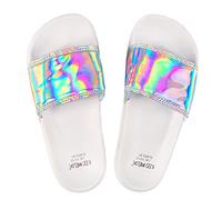 Metzuyan Girls Holographic Glitter Slides Flip Flops White Silver Lightweight Size 10-11UK