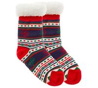 Metzuyan Kids Girls Boys Unisex Novelty Christmas Fair Isle Pattern Sherpa Lined Bed Socks with Grips Non Skid Red 4-6