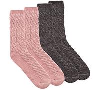 Metzuyan Ladies Chenille Cable Knitted Pattern Soft Bed Winterwear Luxury Loungewear Socks Pink Black 2 Pairs UK 4-8