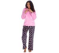 Metzuyan Ladies Long Pyjama Set Warm Cosy Flannel Fleece 2 Piece PJ's Long Sleeve Pyjama Top and Long Bottoms Navy Hearts Small