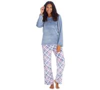 Metzuyan Ladies Long Pyjama Set Warm Cosy Flannel Fleece 2 Piece PJ's Long Sleeve Pyjama Top and Long Bottoms Blue Check Large