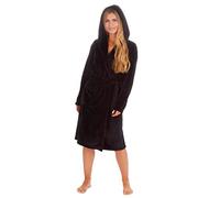 Metzuyan Ladies Plus Size Hooded Robe Curve Black Plush Fleece Dressing Gown Black 2XL