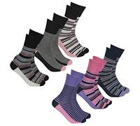 Metzuyan Ladies Soft Loose Top Non-Elastic Bamboo Socks 6 Pairs Purple & Coral Striped