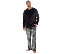 Metzuyan Mens Flannel Fleece Lounge Set Checked Pyjama Set Full Length Top and Bottoms Twoise Black Check Size Medium