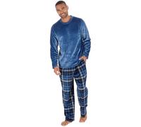 Metzuyan Mens Flannel Fleece Lounge Set Checked Pyjama Set Full Length Top and Bottoms Twoise Denim Check Size Medium