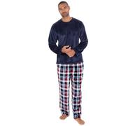 Metzuyan Mens Flannel Fleece Lounge Set Checked Pyjama Set Full Length Top and Bottoms Twoise Navy Check Size XX-Large