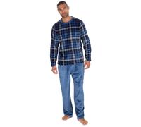 Metzuyan Mens Plush Fleece Check Print Long Sleeve Loungewear Set Twoise Cosy Pyjama Checked Design Navy Size Large