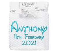 Metzuyan Personalised Blanket Baby Girls Baby Boys Dinsey Font Name + Date Thread Blue Top Right