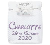 Metzuyan Personalised Blanket Baby Girls Baby Boys Dinsey Font Name + Date Thread Purple Bottom Right Corner