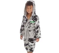 Metzuyan Personalised Boys Plush Fleece Dressing Gown Hooded Bathrobe Kimono Robe Grey Camo Green Thread Front Left Side 7-8 Years