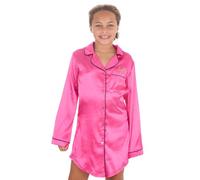 Metzuyan Personalised Girls Satin Long Sleeved Nightshirt Mid-Thigh Sleeping Shirt Front Left Side Gold Thread Pink 11-12