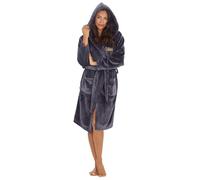 Metzuyan Personalised Ladies Luxury Dressing Gown Elegant Loungewear Shimmering Plush Fleece Robe Front Left Side Gold Thread Dark Grey X-Large