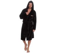 Metzuyan Personalised Mens Hooded Dressing Gown Plush Fleece Robe Classic Bathrobe Black Front Left Side Gold Thread Size X-Large