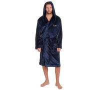 Metzuyan Personalised Mens Hooded Dressing Gown Plush Fleece Robe Classic Bathrobe Blue Front Left Side Gold Thread Size 2X-Large