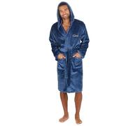 Metzuyan Personalised Mens Hooded Dressing Gown Plush Fleece Robe Classic Bathrobe Denim Front Left Side Gold Thread Size Large