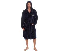 Metzuyan Personalised Mens Hooded Dressing Gown Plush Fleece Robe Classic Bathrobe Navy Front Left Side Gold Thread Size 4X-Large