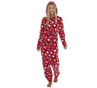 Metzuyan WS-AW22 Ladies Womens Hooded Onesie Christmas All in One Jumpsuit Xmas One Piecie PJs Red XS-S