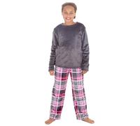 Metzuyan WS-AW24 Kids Girls Printed Fleece Lounge Set Warm Long Pyjama Set Grey Check 9-10 Years