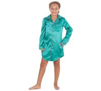 Metzuyan WS-AW24 Kids Girls Satin Silky Luxury Nightshirt Buttoned Nightie Teal 11-12 Years