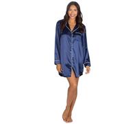 Metzuyan WS-AW24 Ladies Luxury Satin Nightshirt Buttoned Silky Buttoned Sleeping Shirt Nightwear Collared Long Sleeve Navy Size 18-20