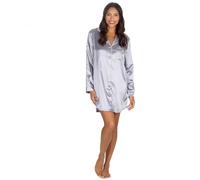 Metzuyan WS-AW24 Ladies Luxury Satin Nightshirt Buttoned Silky Buttoned Sleeping Shirt Nightwear Collared Long Sleeve Gumetal Silver Size 14-16