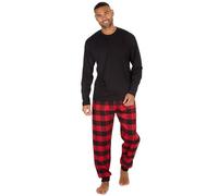 Metzuyan WS-AW24 Mens Jersey Cuffed Pyjama Set Longline Jeresey Cotton Blend Checked Crew Neck Nightwear Pyjamas Black XXL