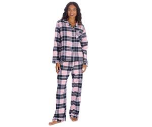 Metzuyan WS-AW25 Womens Longline Checked Pyjama Set Brushed Cotton Blend Flannel Long Sleeve Pyjamas Navy Size Large