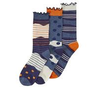 Metzuyan WS-SS23 Ladies Bamboo Ruffle Edge Ripple Loose Top Crew Socks Abstract Patterned Mid Calf Socks 3 Pairs Blue UK 4-8