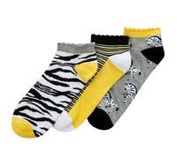 Metzuyan WS-SS24 Ladies Bamboo Trainer Liner Socks Animal Print Scalloped Edge Ankle Socks Yellow Zebra UK 4-8