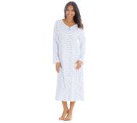 Metzuyan WS-SS25 Ladies Long Sleeve 100% Cotton Nightie Floral V-Neck Nightdress Classic Nightshirt with Buttons Blue 14-16