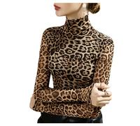 Meufam Women's Turtleneck Long-Sleeve Leopard Print Top with Slim Fit and Versatile Daily Top (Leopard,M)