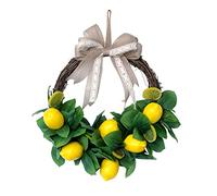 MEUMITY 15.7Inch Artificial Lemon Green Leaf Wreath,Simulation Lemon Garland with Green Leaves and Bow-Knot Handmade Lemon Wreath for Wall Party Decor