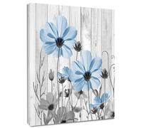 MEUNEAR Farmhouse Blue Floral Wall Art for Living Room,Blue Wildflower and Gray Leaf Plant on Rustic Wood Framed Canvas Wall Art Nature Flower Pictures for Bedroom Bathroom Wall Decor,16L X 12W inches