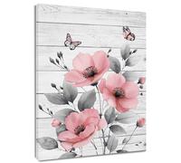 MEUNEAR Farmhouse Floral Pink Wall Art Wildflower Leaf Plant and Butterfly on Rustic Wood Grey Framed Canvas Wall Art Flower Pictures Wall Decor for Bedroom Bathroom Home Decor,16L X 12W inches