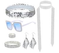 Meunhy 70s Disco Accessories,1970s Abb-a Costume Accessories for women with Gradient Blue Mirror Sunglasses,Long Scarf Earrings Bracelet Ring Headband for Disco Theme Party Hippie Costume.