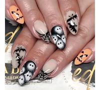 MEUTL Halloween Nails, 24PCS Short/Long False Nails with Glue, Almond/Coffin/Stiletto Shapes, Black/Red/Pink Halloween Press On Nails for Women and Girls