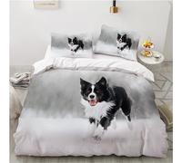 MEVASA Border Collie Bedding Double Bed Set Microfiber Teenager Bedding Grey 3D Bedding Set for Small Double 3Pcs Anti Allergic Double Duvet Cover Set with Zipper /200x200