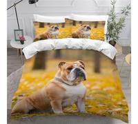 MEVASA English Bulldog Bedding Double Bed Set Microfiber Teenager Bedding Autumn Forest Dog 3D Bedding Set for Small Double 3Pcs Anti Allergic Double Duvet Cover Set with Zipper /200x200