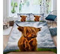 MEVASA Highland Cattle Bedding Set Microfiber Teenager Bedding Grassland Animals Cows 3D Bedding Set for Small Double 3Pcs Anti Allergic Duvet Cover Set with Zipper /200x200