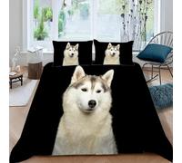MEVASA Husky Bedding Double Bed Set Microfiber Teenager Bedding Dog Animal Black 3D Bedding Set for Small Double 3Pcs Anti Allergic Double Duvet Cover Set with Zipper /200x200