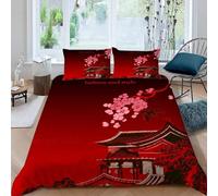 MEVASA Japanese-style Bedding Double Bed Set Microfiber Teenager Bedding Red 3D Bedding Set for Small Double 3Pcs Anti Allergic Double Duvet Cover Set with Zipper /200x200
