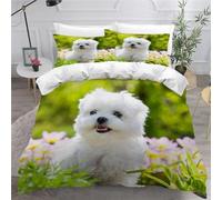MEVASA Maltese Dog Bedding Set - Microfiber Teenager Bedding White Puppy 3D Bedding Set for Small Double - Anti Allergic Double Duvet Cover Set with Zipper /200x200
